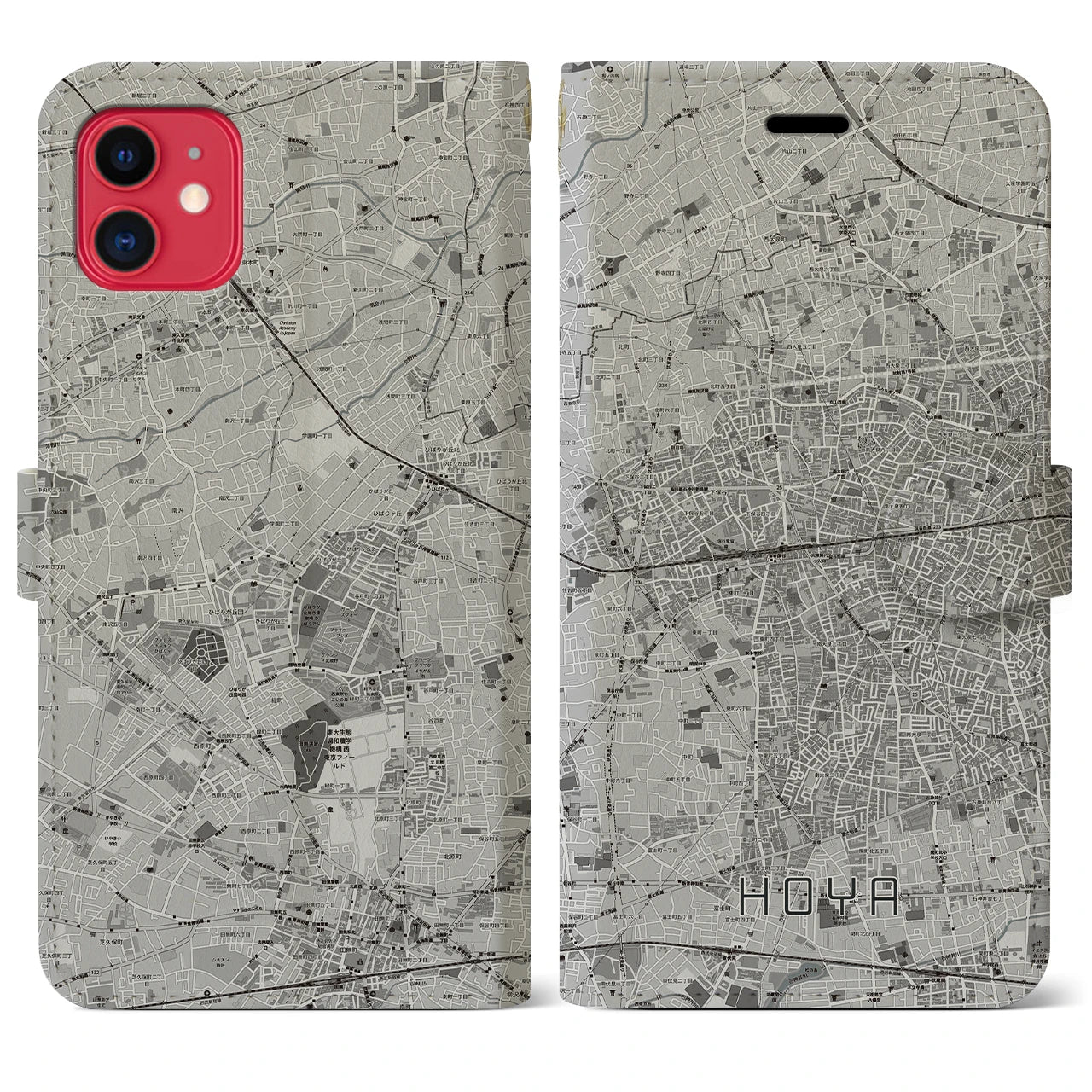 【保谷(東京都)】地図柄iPhoneケース(手帳タイプ)モノトーン・iPhone 11 用