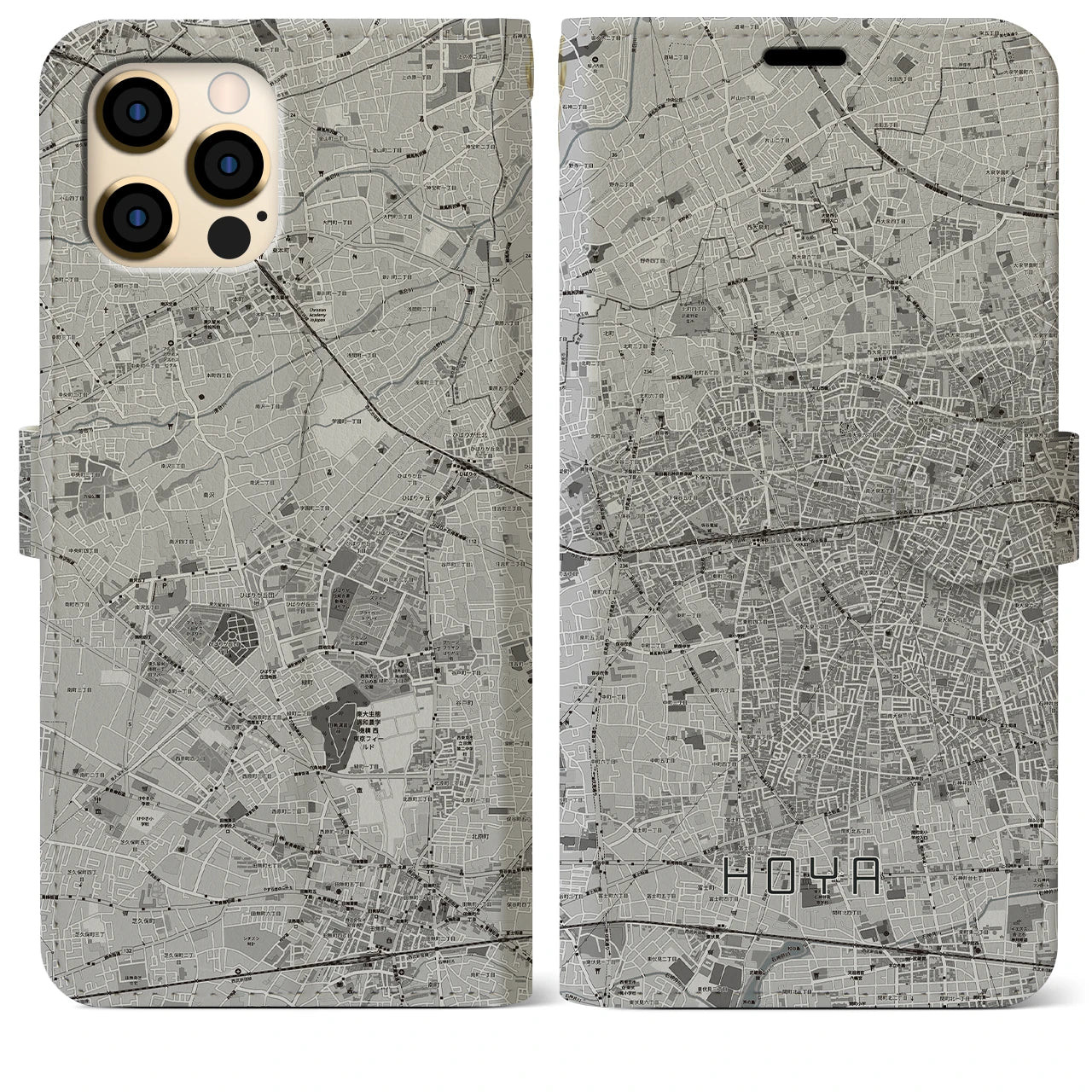 【保谷(東京都)】地図柄iPhoneケース(手帳タイプ)モノトーン・iPhone 12 Pro Max 用