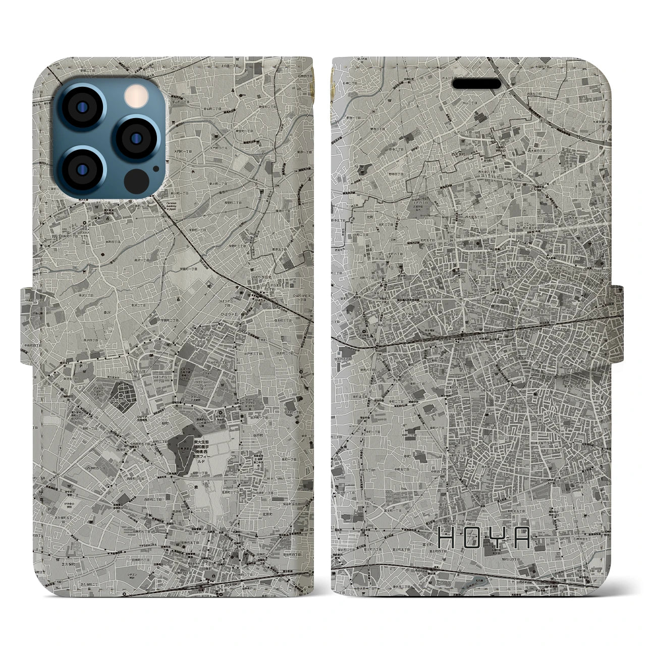 【保谷(東京都)】地図柄iPhoneケース(手帳タイプ)モノトーン・iPhone 12 / 12 Pro 用