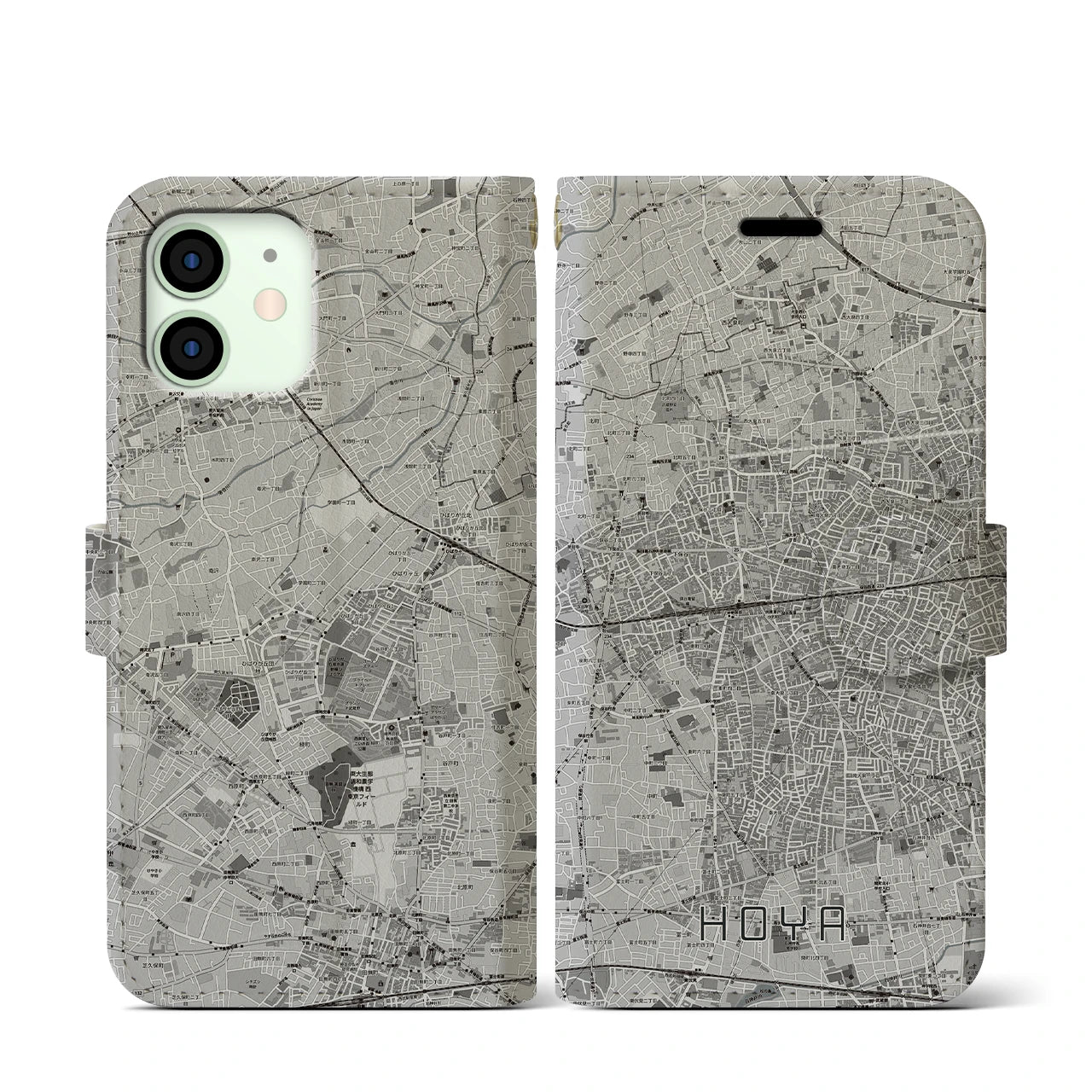 【保谷(東京都)】地図柄iPhoneケース(手帳タイプ)モノトーン・iPhone 12 mini 用