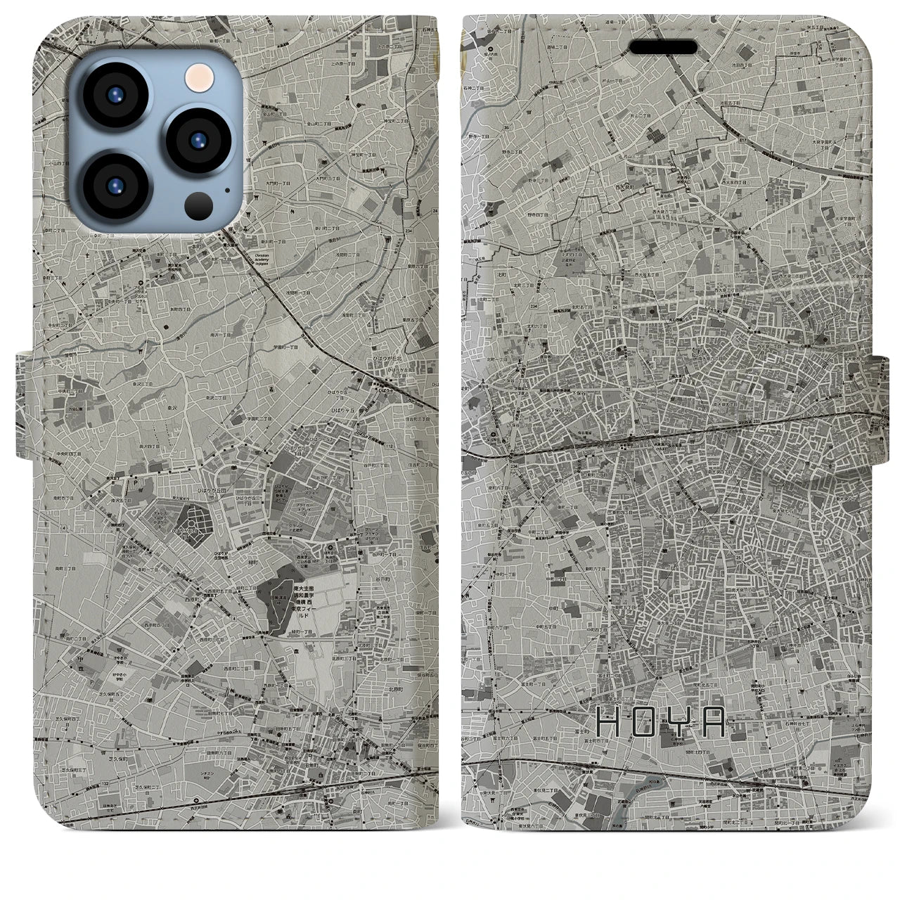 【保谷(東京都)】地図柄iPhoneケース(手帳タイプ)モノトーン・iPhone 13 Pro Max 用