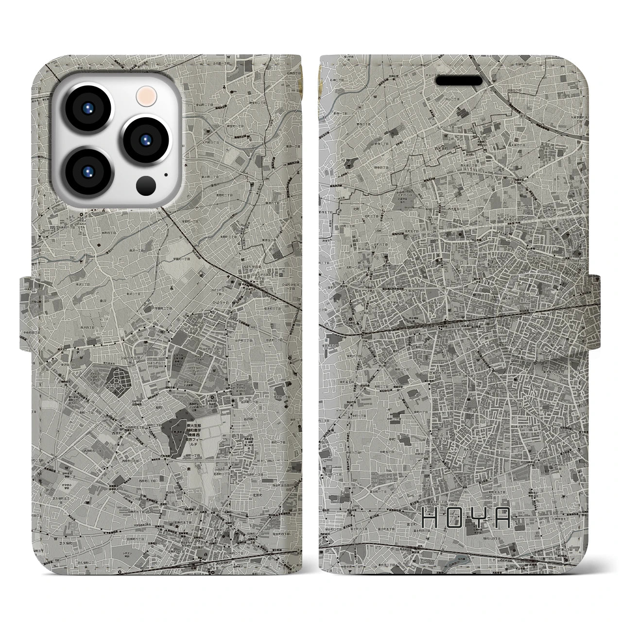【保谷(東京都)】地図柄iPhoneケース(手帳タイプ)モノトーン・iPhone 13 Pro 用