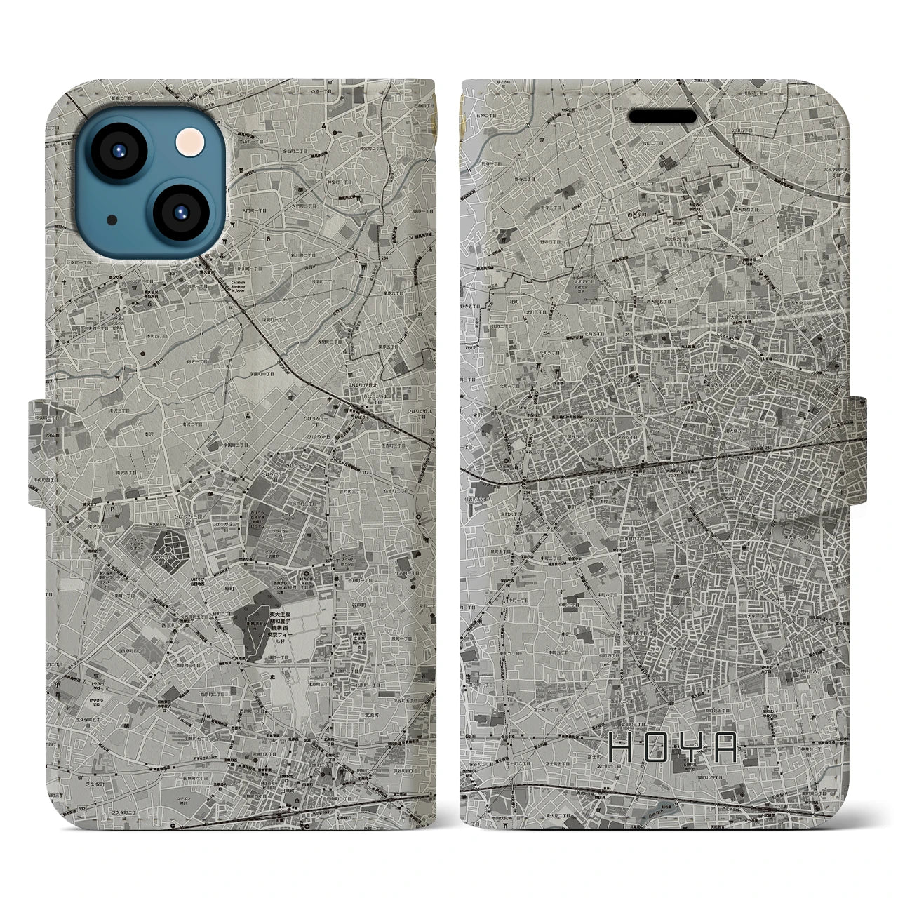 【保谷(東京都)】地図柄iPhoneケース(手帳タイプ)モノトーン・iPhone 13 用