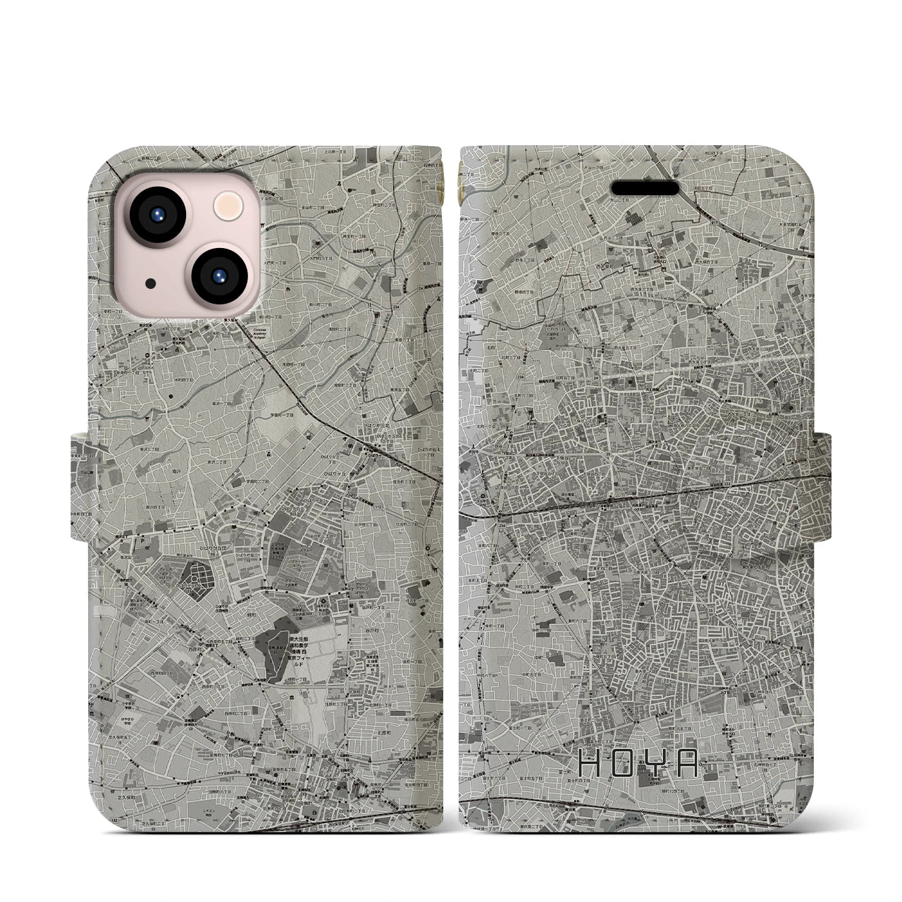 【保谷(東京都)】地図柄iPhoneケース(手帳タイプ)モノトーン・iPhone 13 mini 用