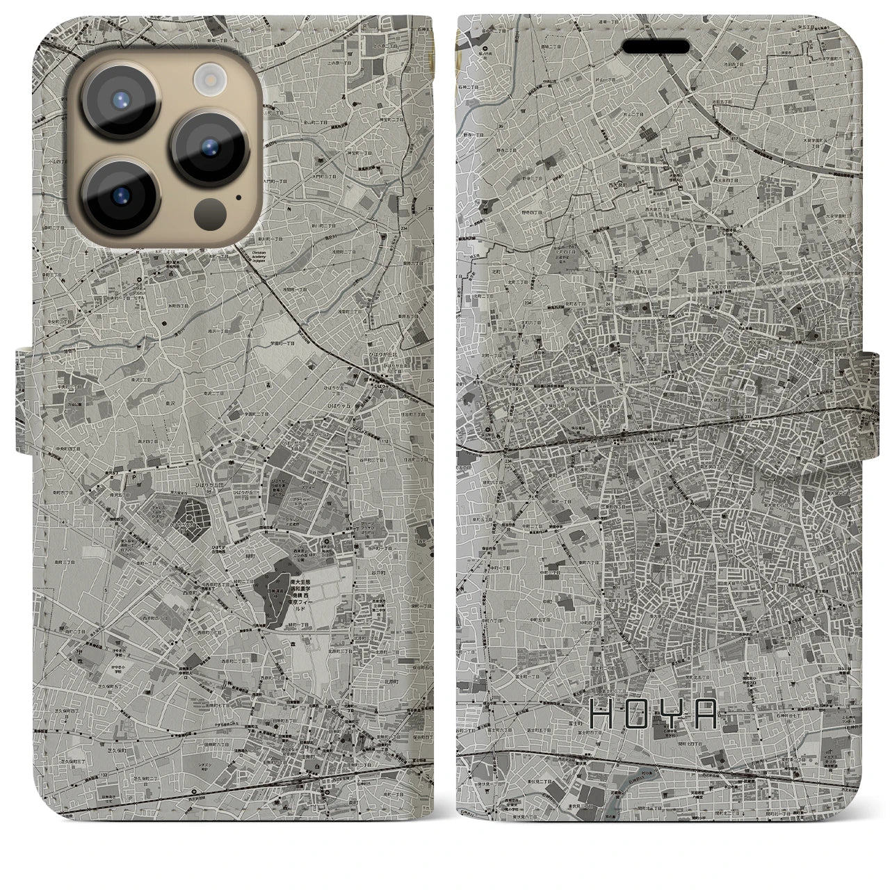 【保谷(東京都)】地図柄iPhoneケース(手帳タイプ)モノトーン・iPhone 14 Pro Max 用