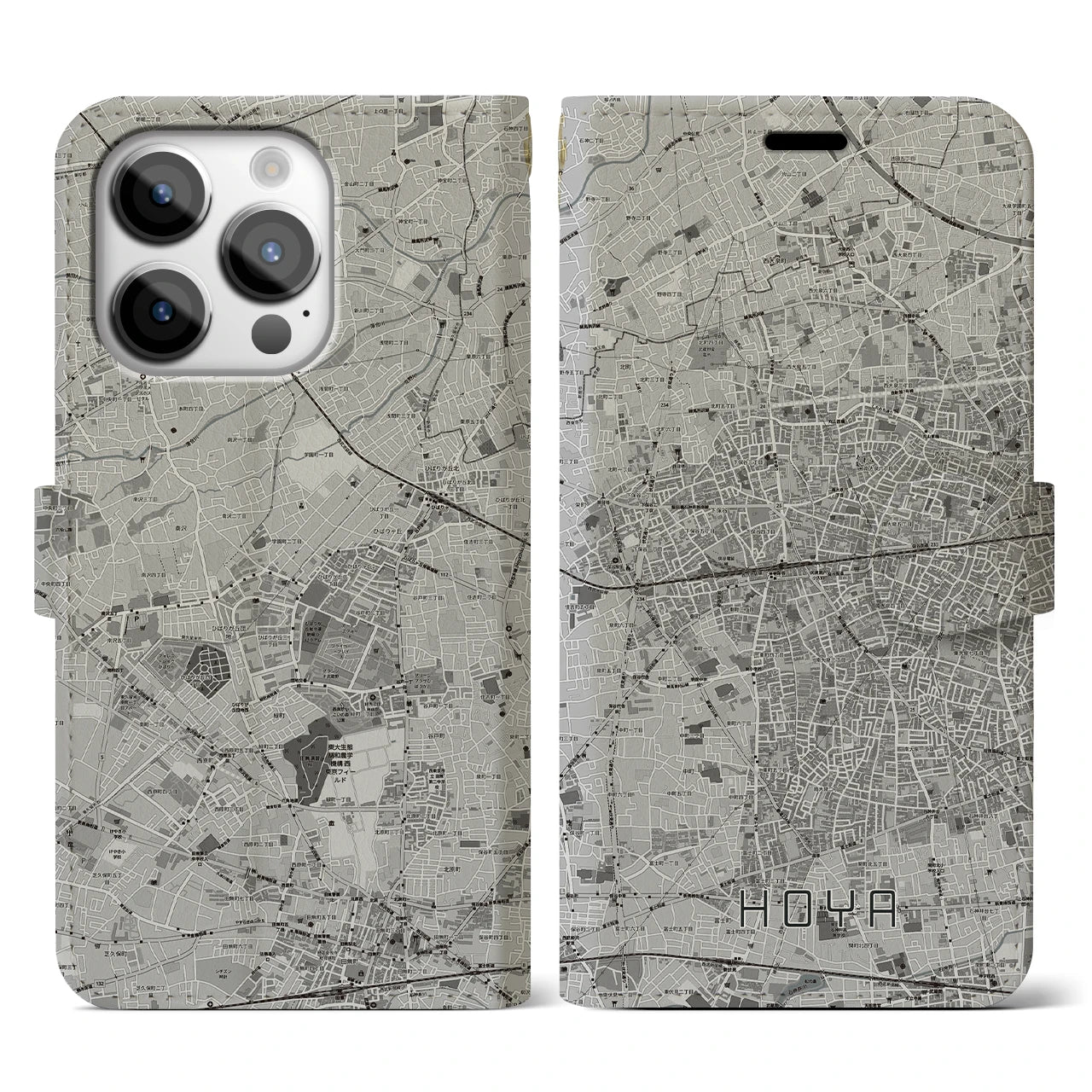 【保谷(東京都)】地図柄iPhoneケース(手帳タイプ)モノトーン・iPhone 14 Pro 用