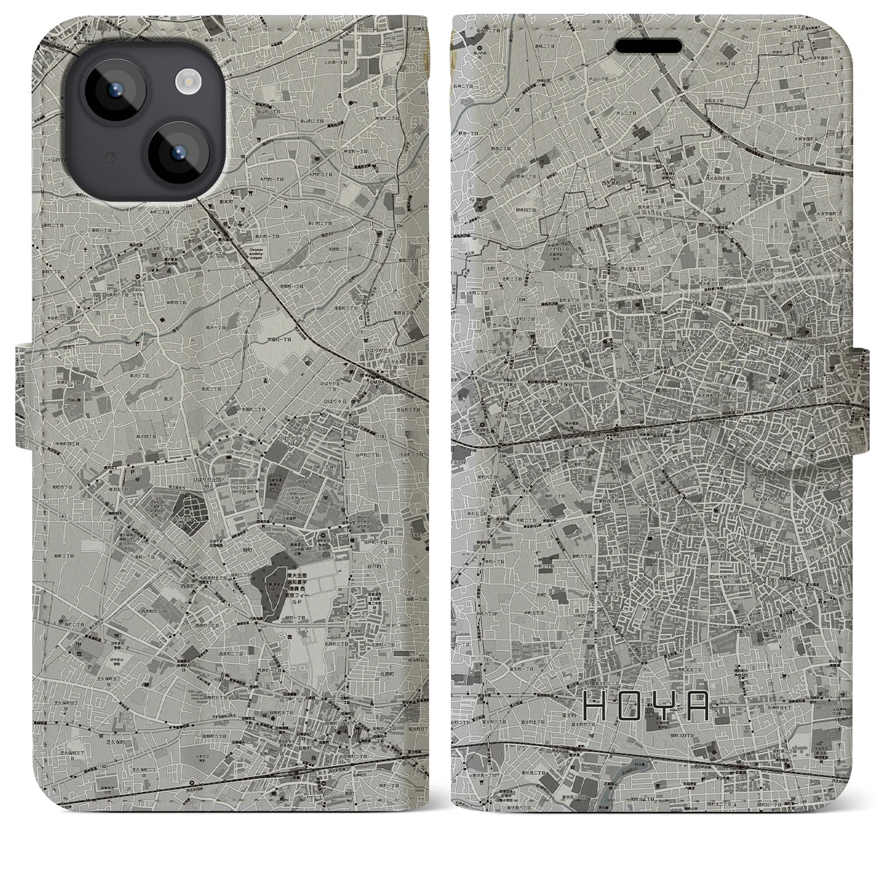 【保谷(東京都)】地図柄iPhoneケース(手帳タイプ)モノトーン・iPhone 14 Plus 用