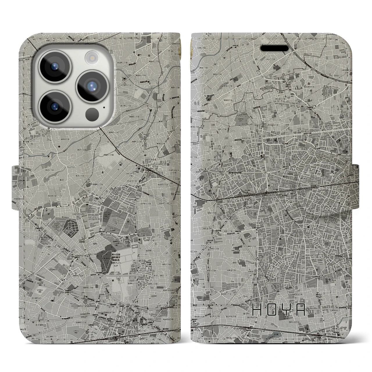 【保谷(東京都)】地図柄iPhoneケース(手帳タイプ)モノトーン・iPhone 15 Pro 用