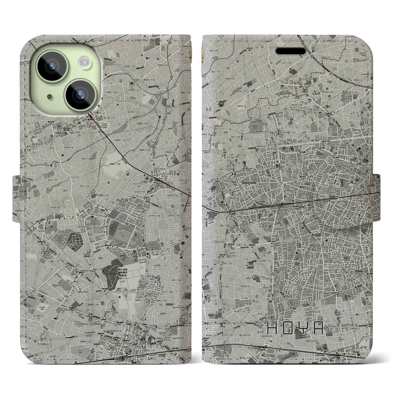 【保谷(東京都)】地図柄iPhoneケース(手帳タイプ)モノトーン・iPhone 15 用