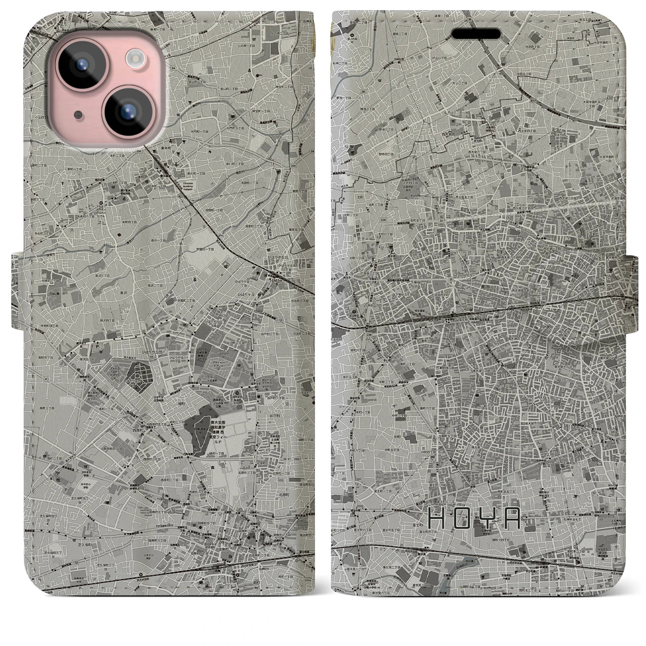 【保谷(東京都)】地図柄iPhoneケース(手帳タイプ)モノトーン・iPhone 15 Plus 用
