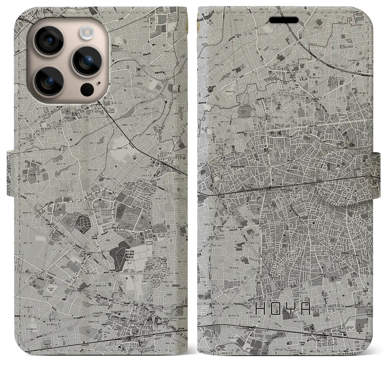 【保谷(東京都)】地図柄iPhoneケース(手帳タイプ)モノトーン・iPhone 16 Plus 用