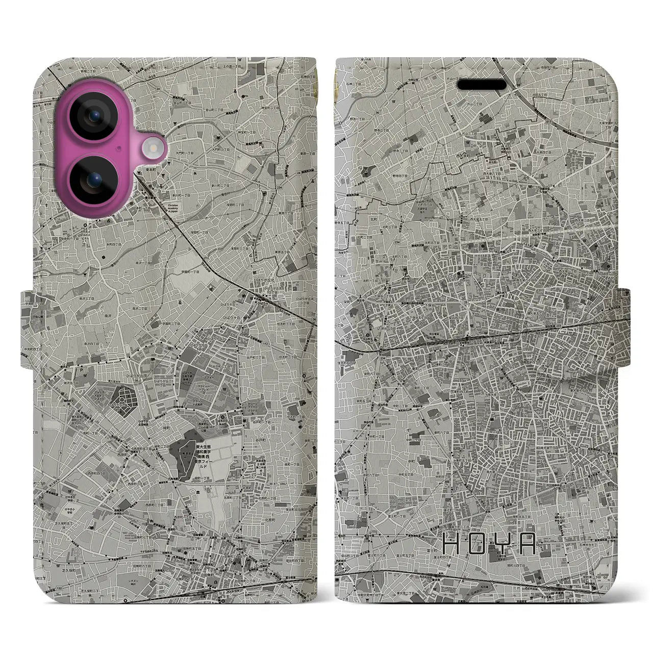 【保谷(東京都)】地図柄iPhoneケース(手帳タイプ)モノトーン・iPhone 16 Pro 用