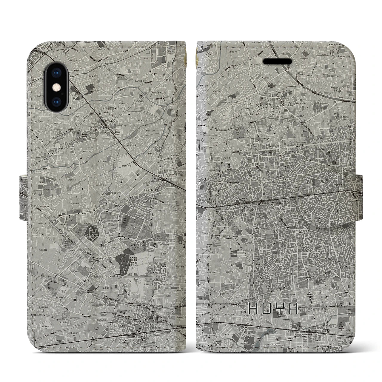 【保谷(東京都)】地図柄iPhoneケース(手帳タイプ)モノトーン・iPhone XS / X 用