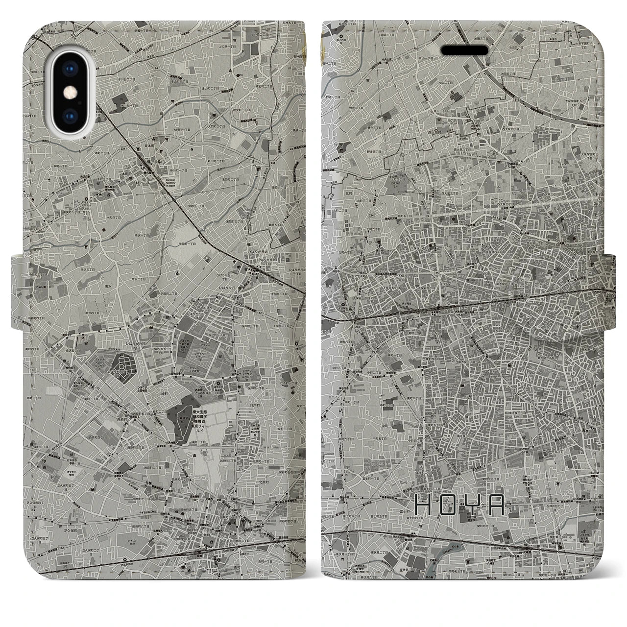 【保谷(東京都)】地図柄iPhoneケース(手帳タイプ)モノトーン・iPhone XS Max 用