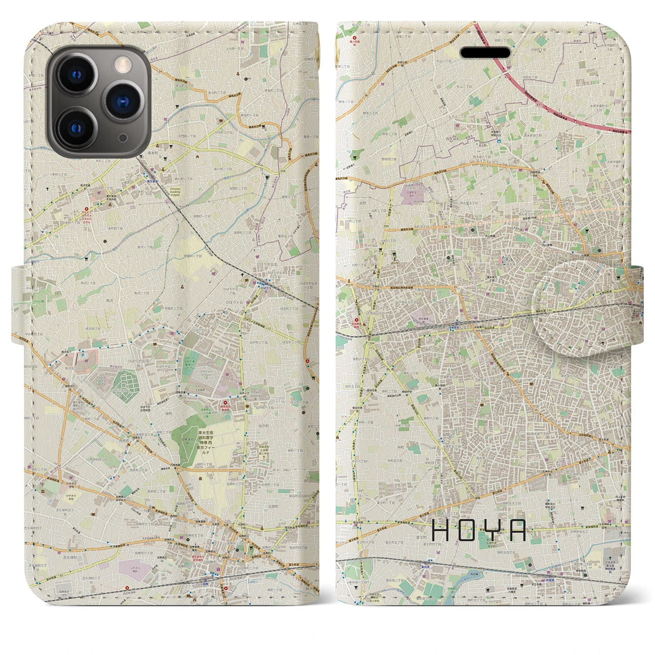 【保谷(東京都)】地図柄iPhoneケース(手帳タイプ)ナチュラル・iPhone 11 Pro Max 用