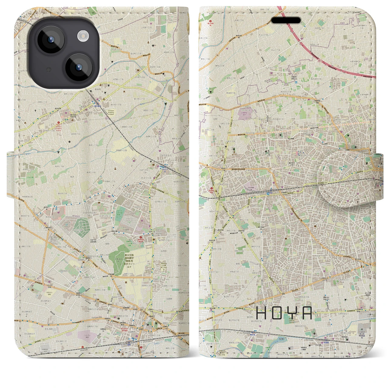 【保谷(東京都)】地図柄iPhoneケース(手帳タイプ)ナチュラル・iPhone 14 Plus 用