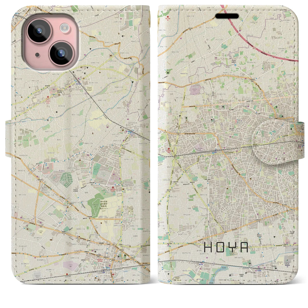 【保谷(東京都)】地図柄iPhoneケース(手帳タイプ)ナチュラル・iPhone 15 Plus 用