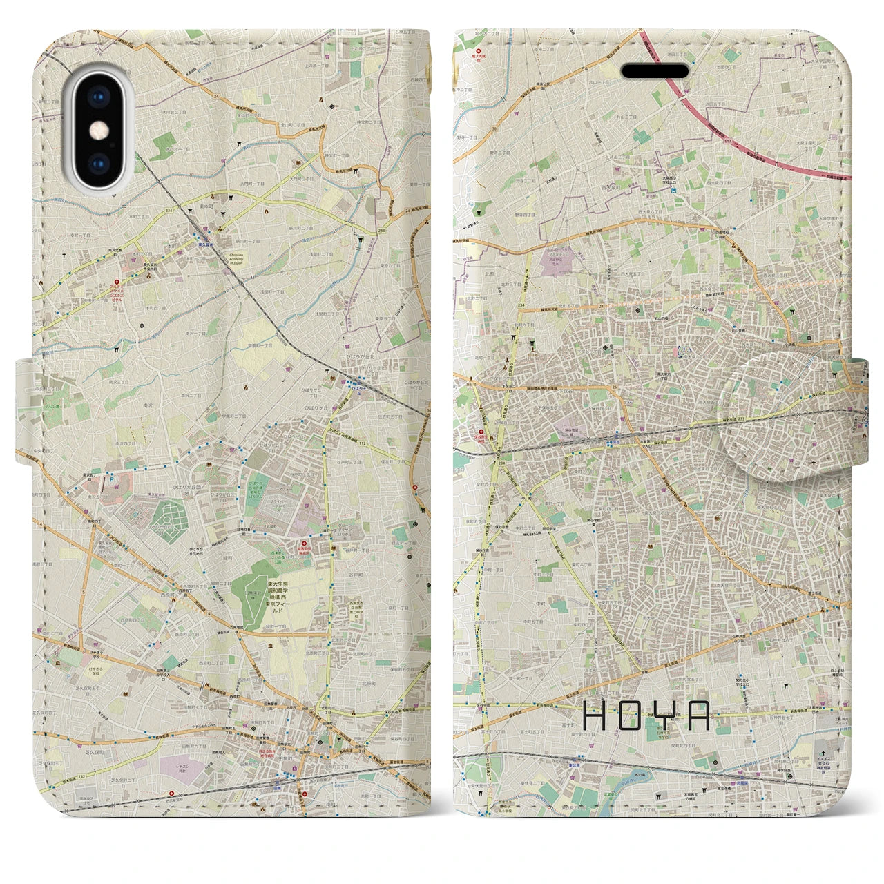 【保谷(東京都)】地図柄iPhoneケース(手帳タイプ)ナチュラル・iPhone XS Max 用