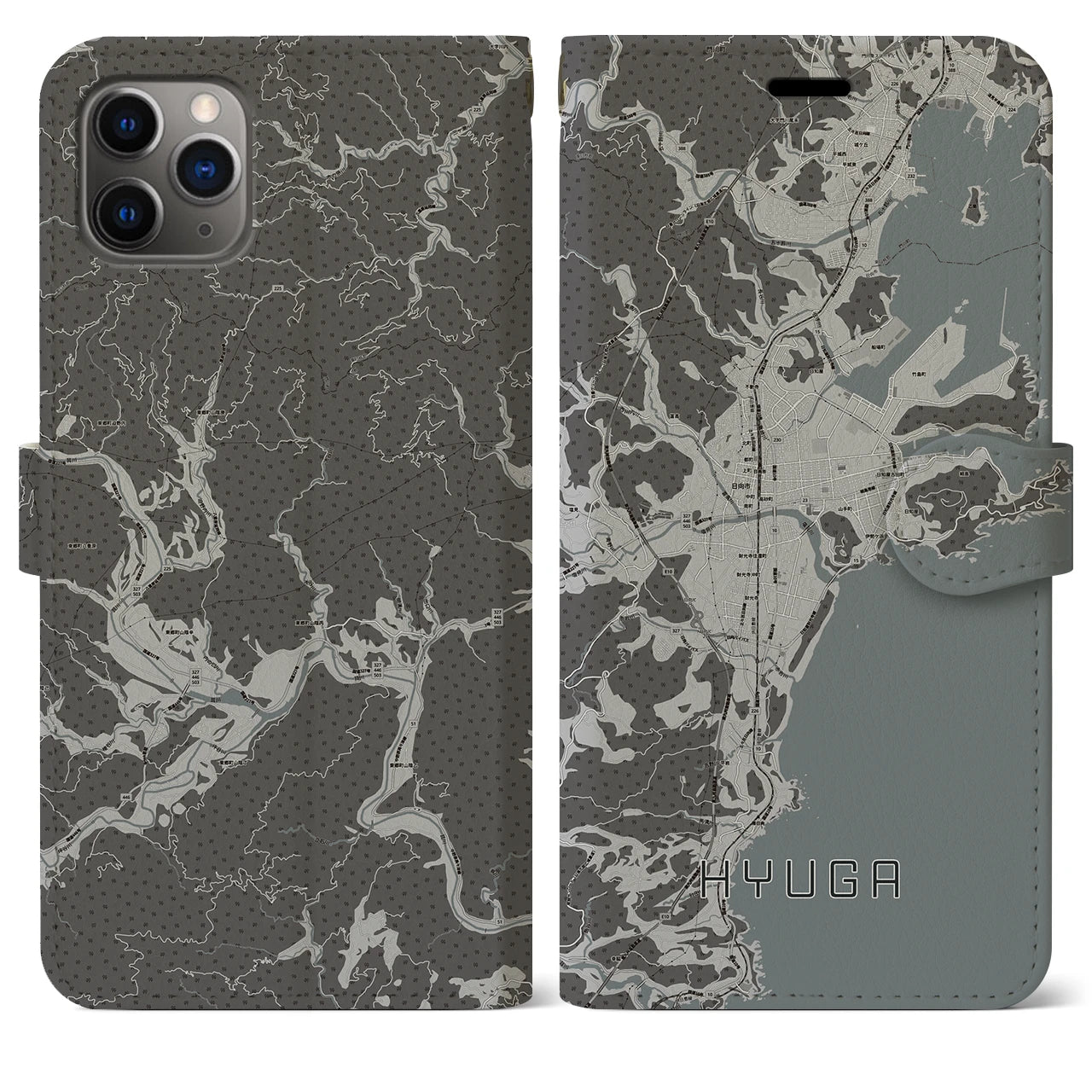 【日向(宮崎県)】地図柄iPhoneケース(手帳タイプ)モノトーン・iPhone 11 Pro Max 用