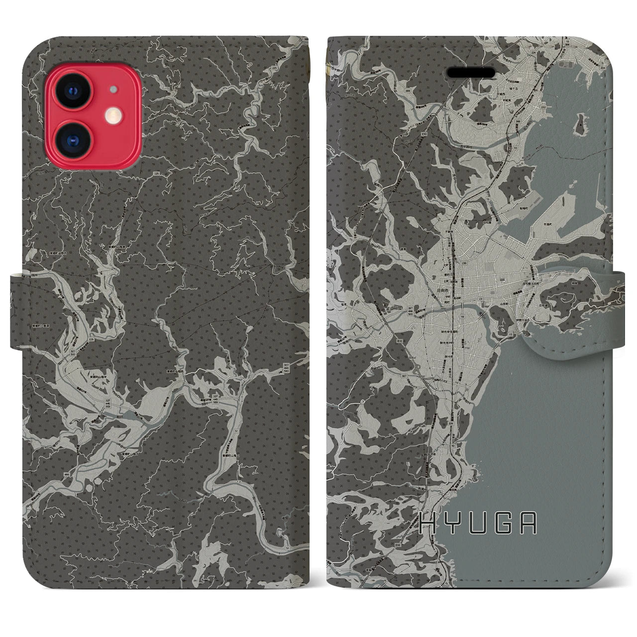【日向(宮崎県)】地図柄iPhoneケース(手帳タイプ)モノトーン・iPhone 11 用