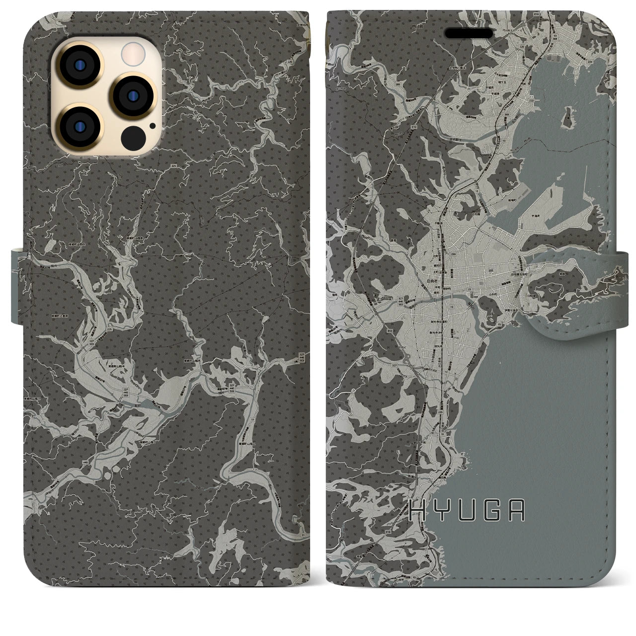 【日向(宮崎県)】地図柄iPhoneケース(手帳タイプ)モノトーン・iPhone 12 Pro Max 用