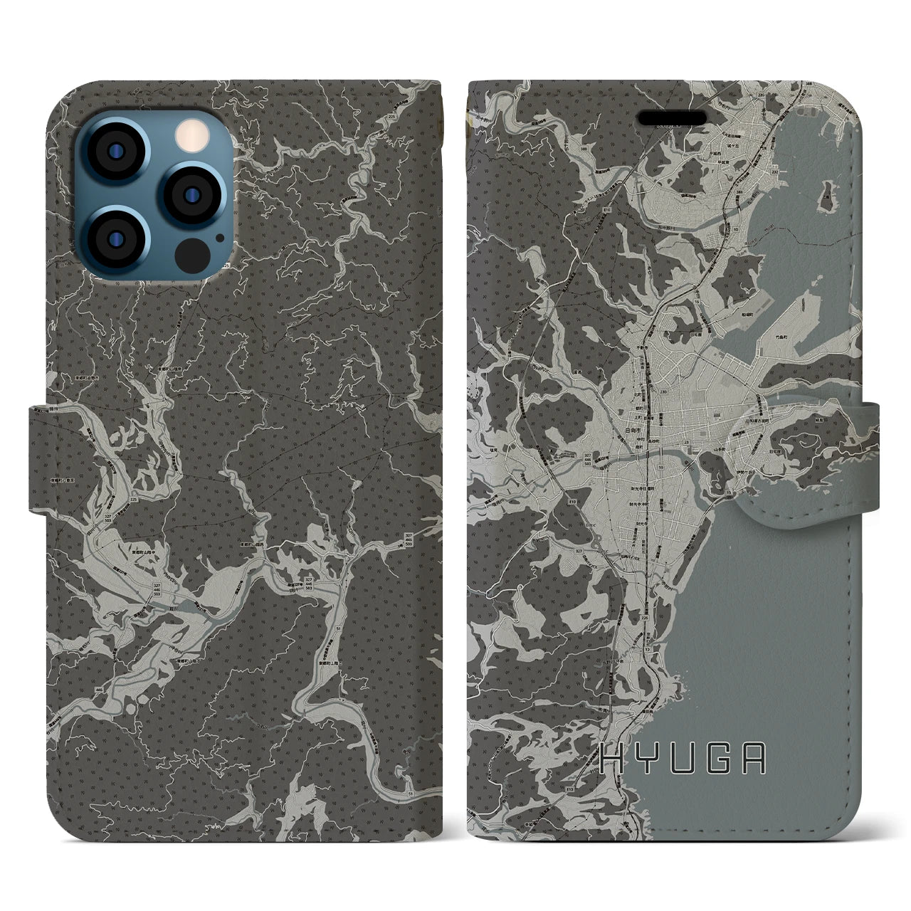 【日向(宮崎県)】地図柄iPhoneケース(手帳タイプ)モノトーン・iPhone 12 / 12 Pro 用