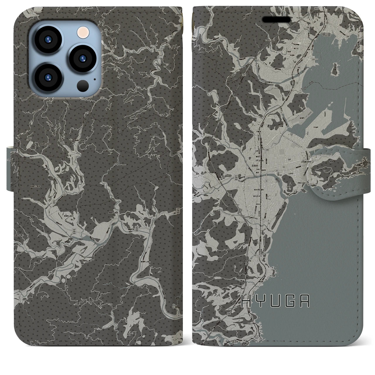 【日向(宮崎県)】地図柄iPhoneケース(手帳タイプ)モノトーン・iPhone 13 Pro Max 用