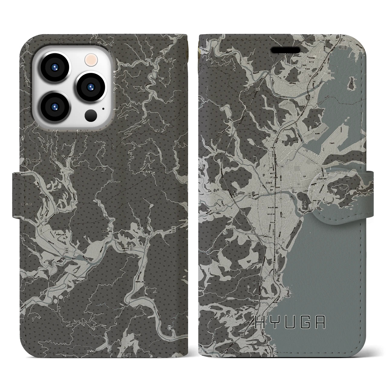 【日向(宮崎県)】地図柄iPhoneケース(手帳タイプ)モノトーン・iPhone 13 Pro 用