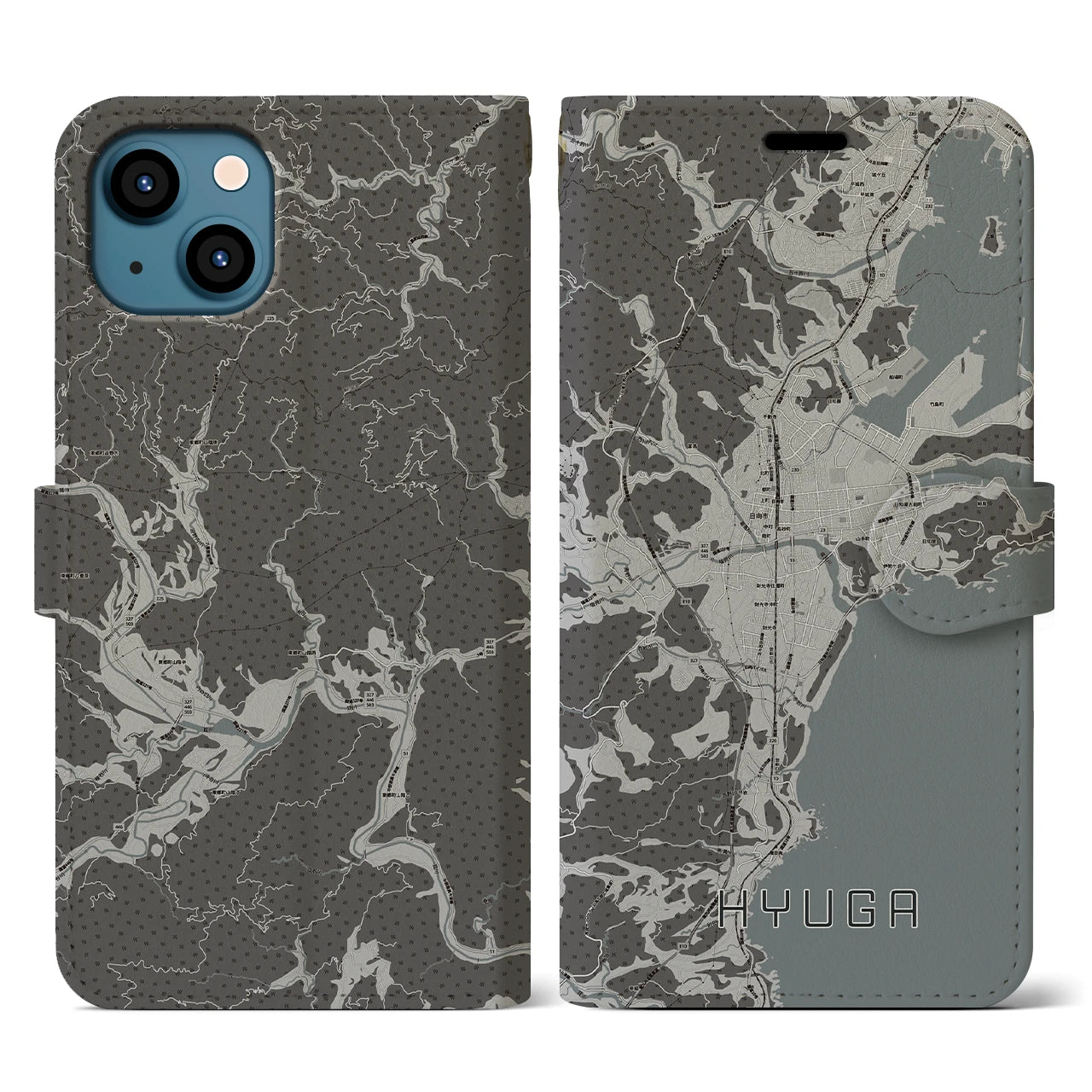 【日向(宮崎県)】地図柄iPhoneケース(手帳タイプ)モノトーン・iPhone 13 用