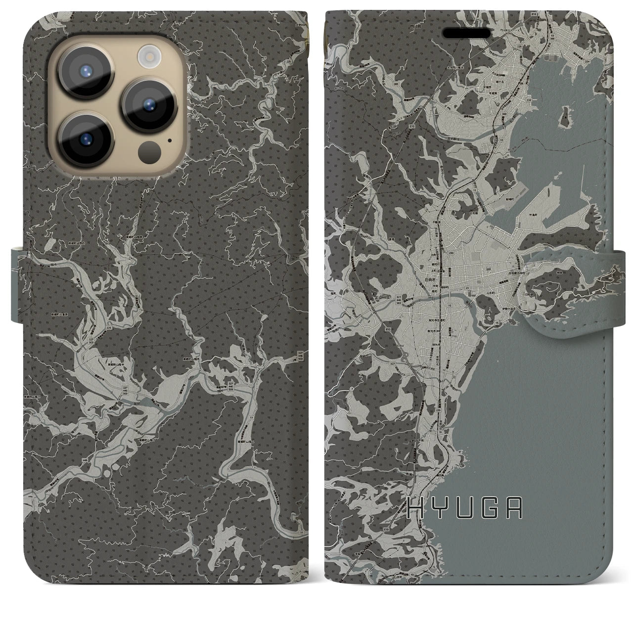 【日向(宮崎県)】地図柄iPhoneケース(手帳タイプ)モノトーン・iPhone 14 Pro Max 用