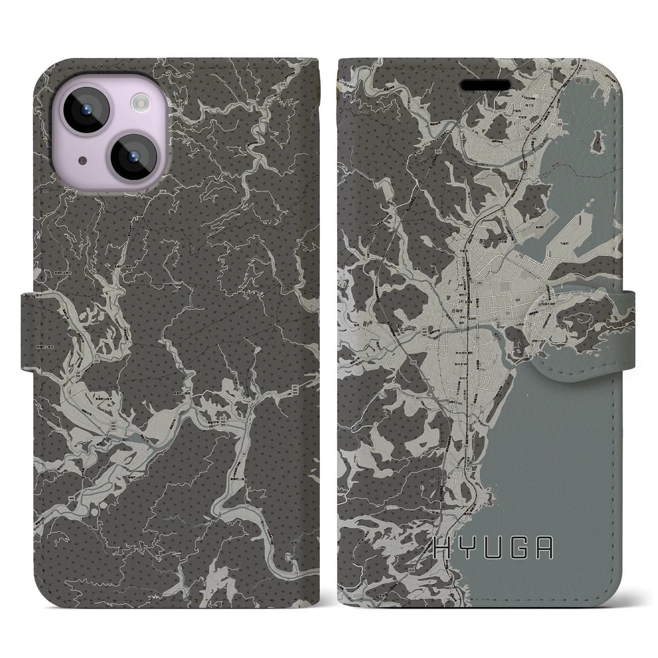 【日向(宮崎県)】地図柄iPhoneケース(手帳タイプ)モノトーン・iPhone 14 用