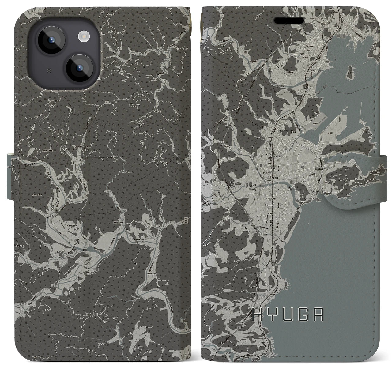 【日向(宮崎県)】地図柄iPhoneケース(手帳タイプ)モノトーン・iPhone 14 Plus 用