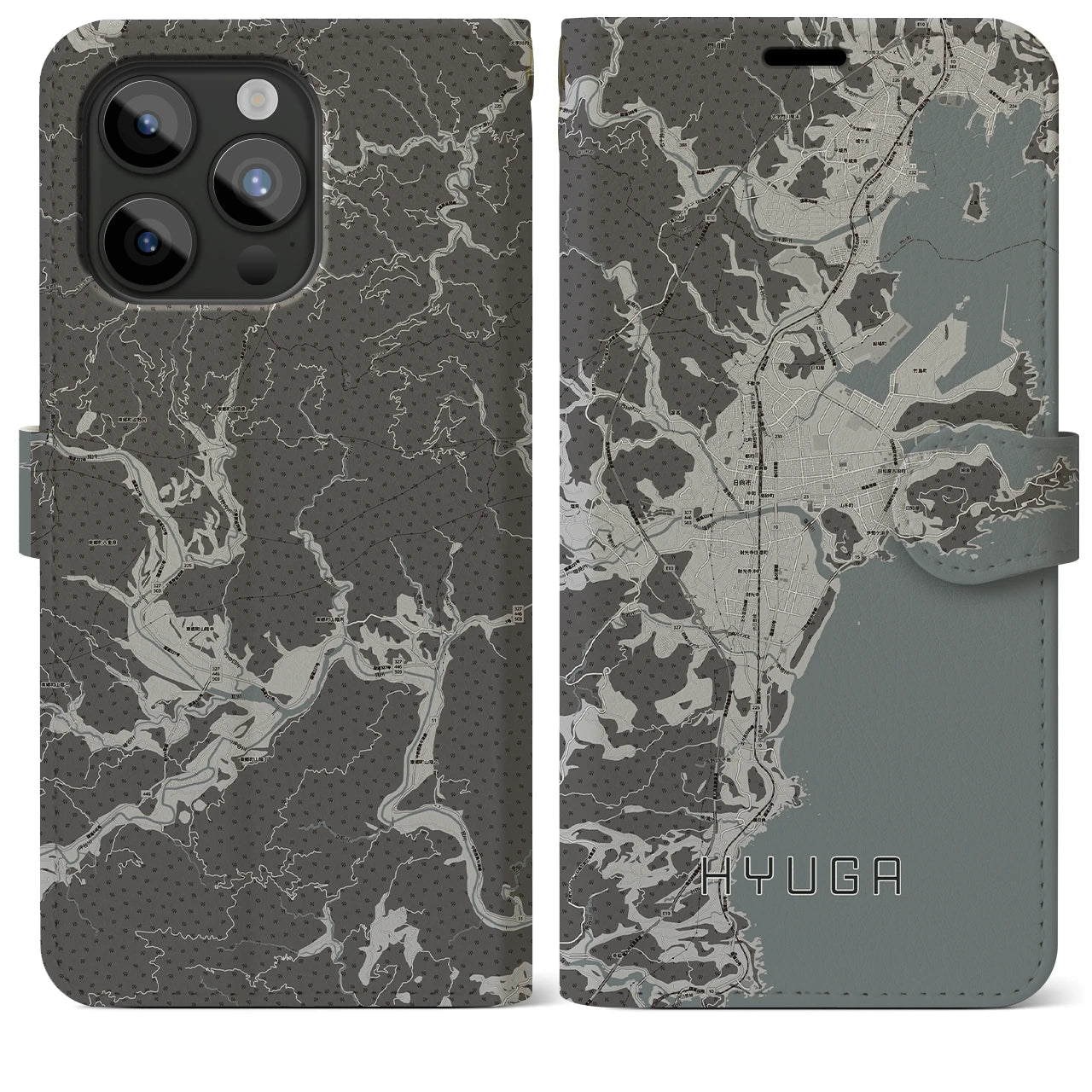【日向(宮崎県)】地図柄iPhoneケース(手帳タイプ)モノトーン・iPhone 15 Pro Max 用