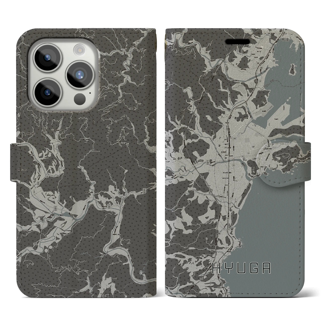 【日向(宮崎県)】地図柄iPhoneケース(手帳タイプ)モノトーン・iPhone 15 Pro 用