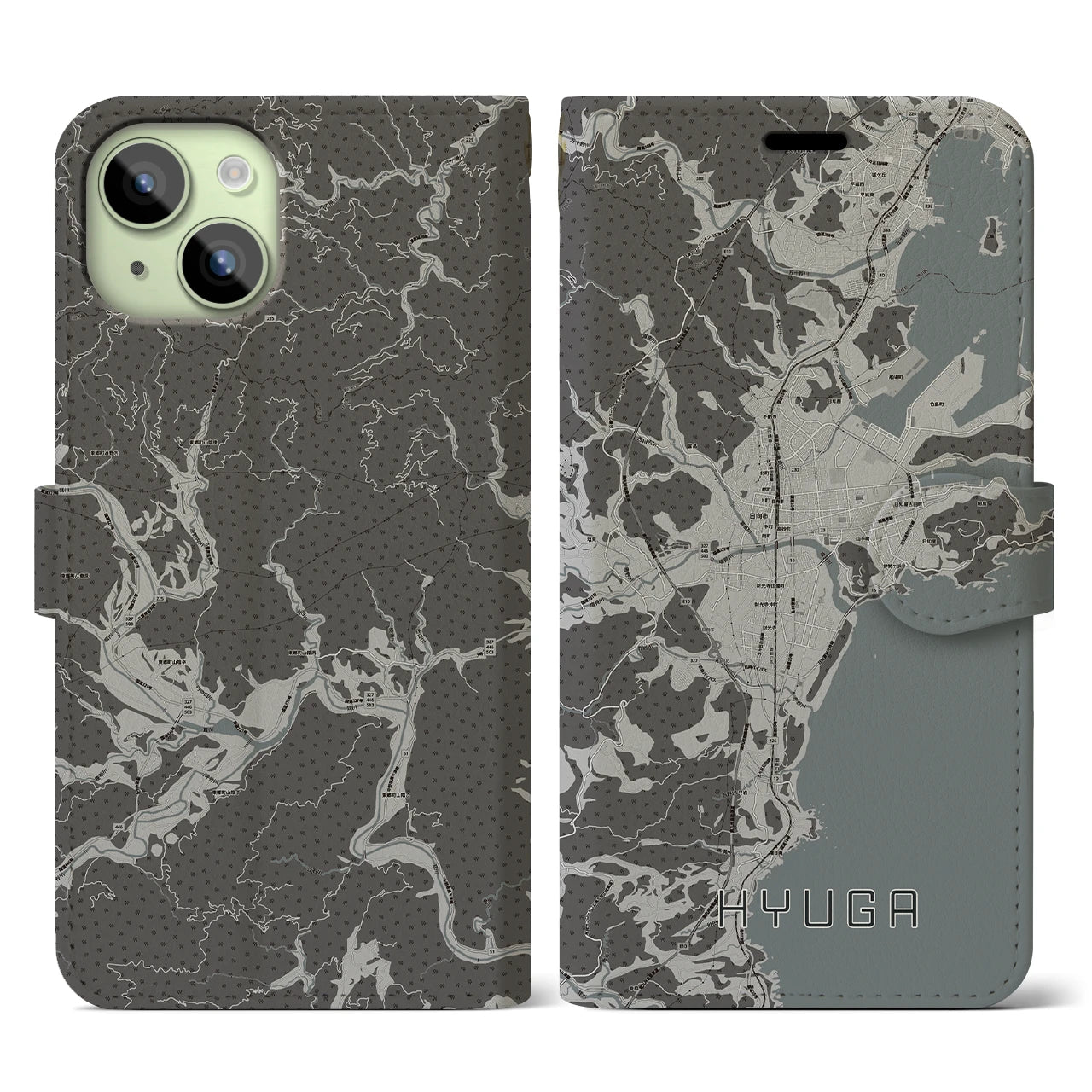 【日向(宮崎県)】地図柄iPhoneケース(手帳タイプ)モノトーン・iPhone 15 用