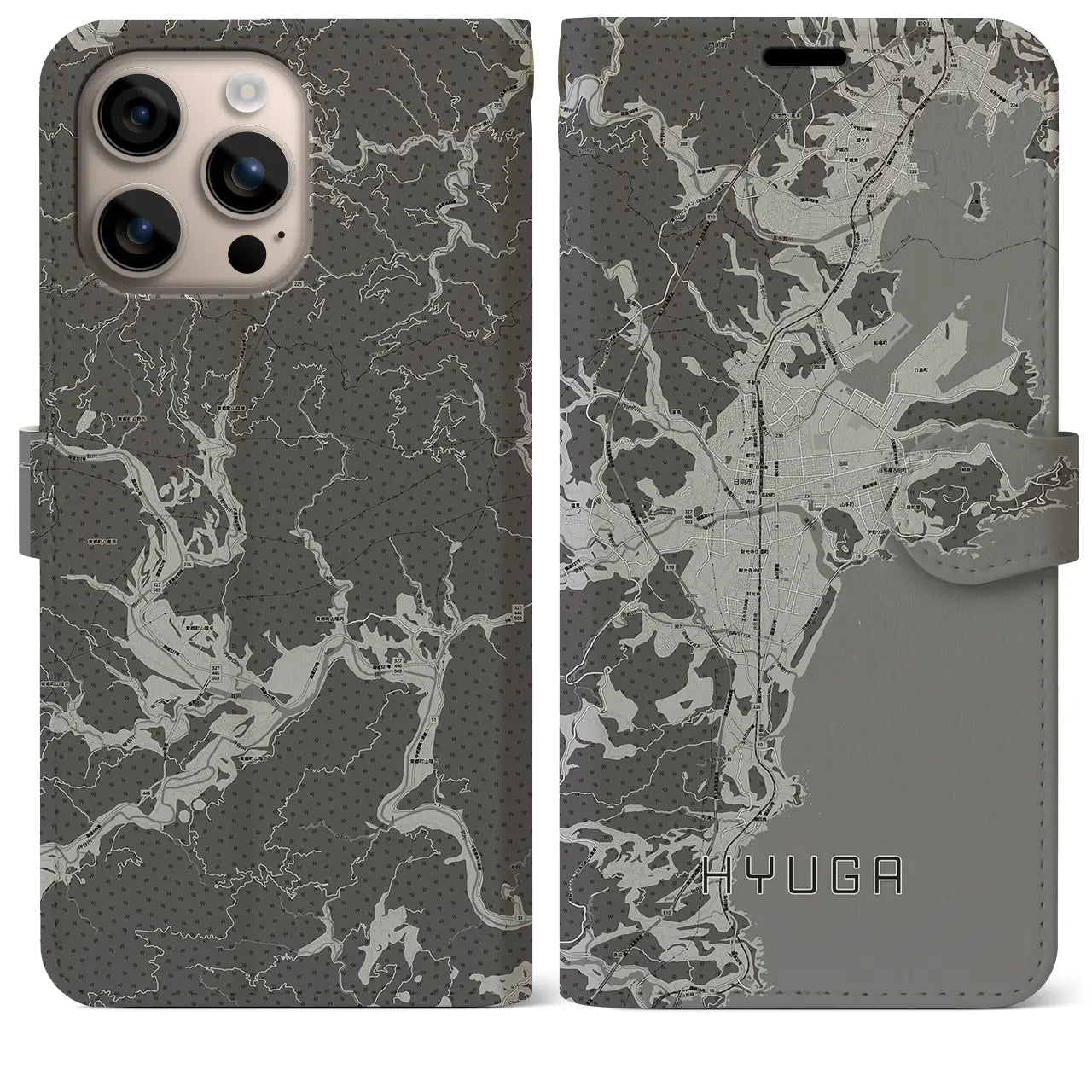 【日向(宮崎県)】地図柄iPhoneケース(手帳タイプ)モノトーン・iPhone 16 Plus 用