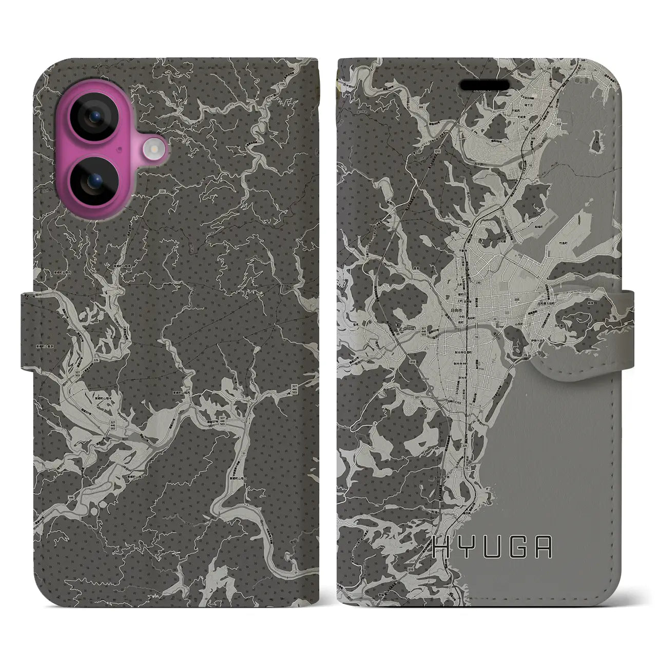 【日向(宮崎県)】地図柄iPhoneケース(手帳タイプ)モノトーン・iPhone 16 Pro 用