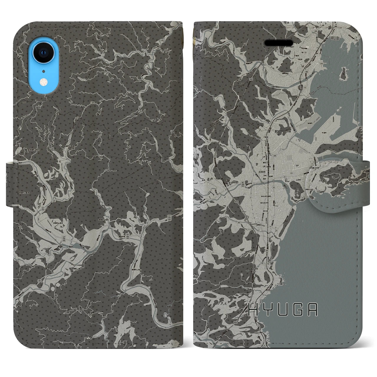 【日向(宮崎県)】地図柄iPhoneケース(手帳タイプ)モノトーン・iPhone XR 用