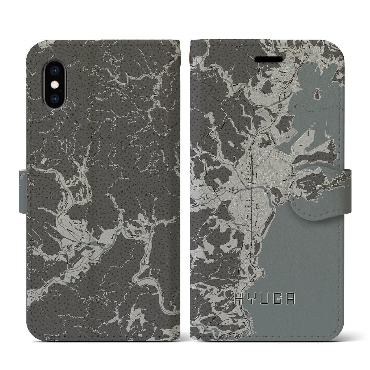 【日向(宮崎県)】地図柄iPhoneケース(手帳タイプ)モノトーン・iPhone XS / X 用