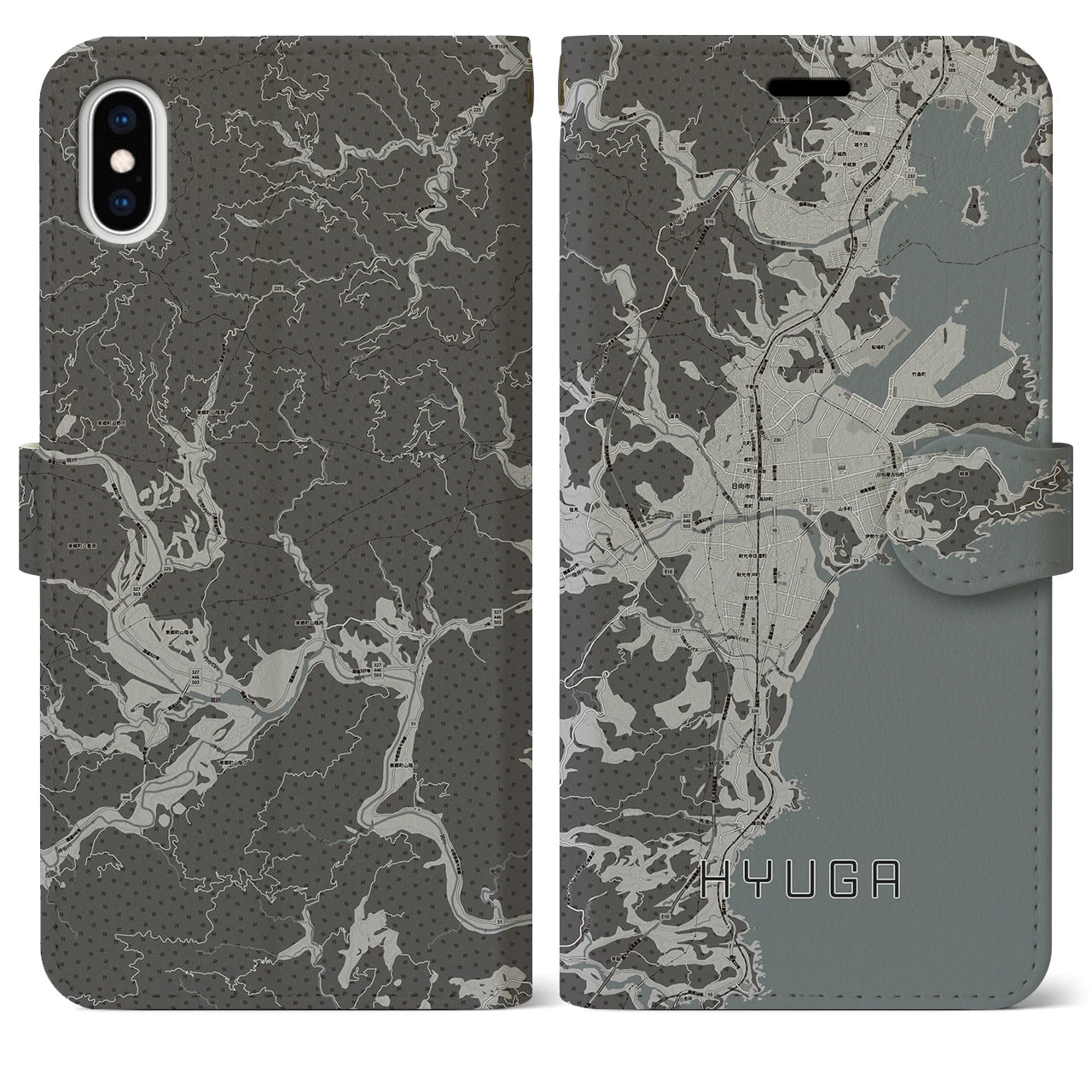 【日向(宮崎県)】地図柄iPhoneケース(手帳タイプ)モノトーン・iPhone XS Max 用