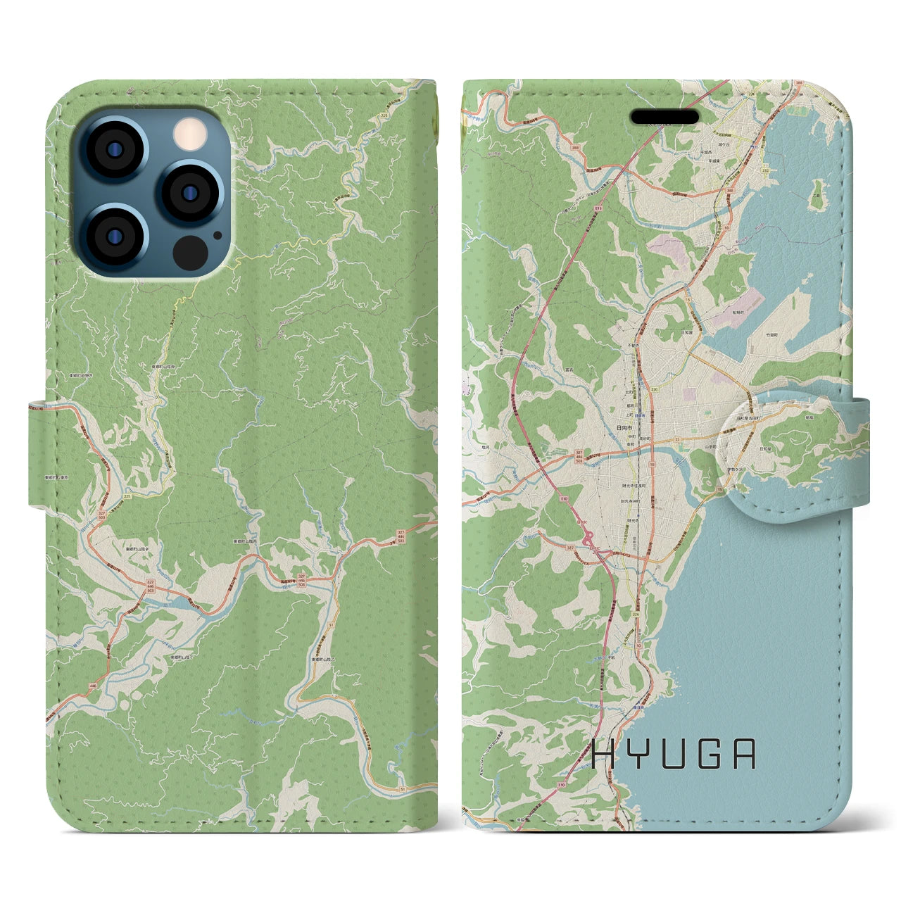 【日向(宮崎県)】地図柄iPhoneケース(手帳タイプ)ナチュラル・iPhone 12 / 12 Pro 用