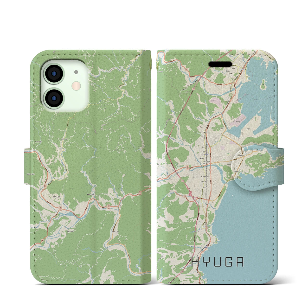 【日向(宮崎県)】地図柄iPhoneケース(手帳タイプ)ナチュラル・iPhone 12 mini 用