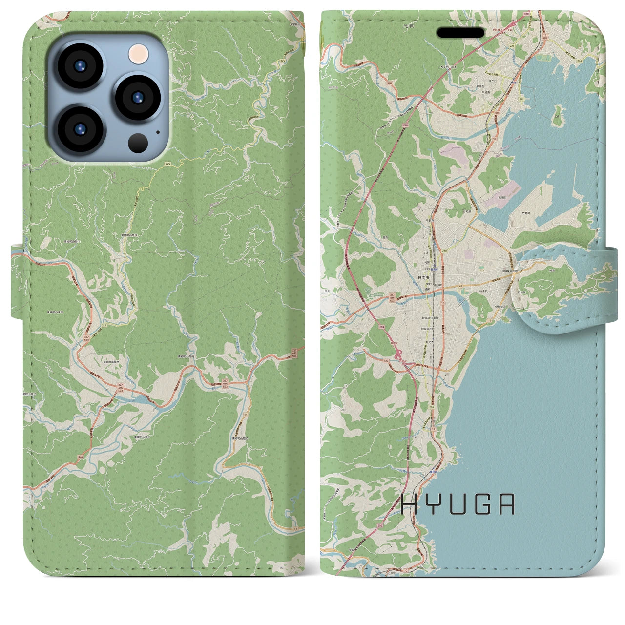 【日向(宮崎県)】地図柄iPhoneケース(手帳タイプ)ナチュラル・iPhone 13 Pro Max 用