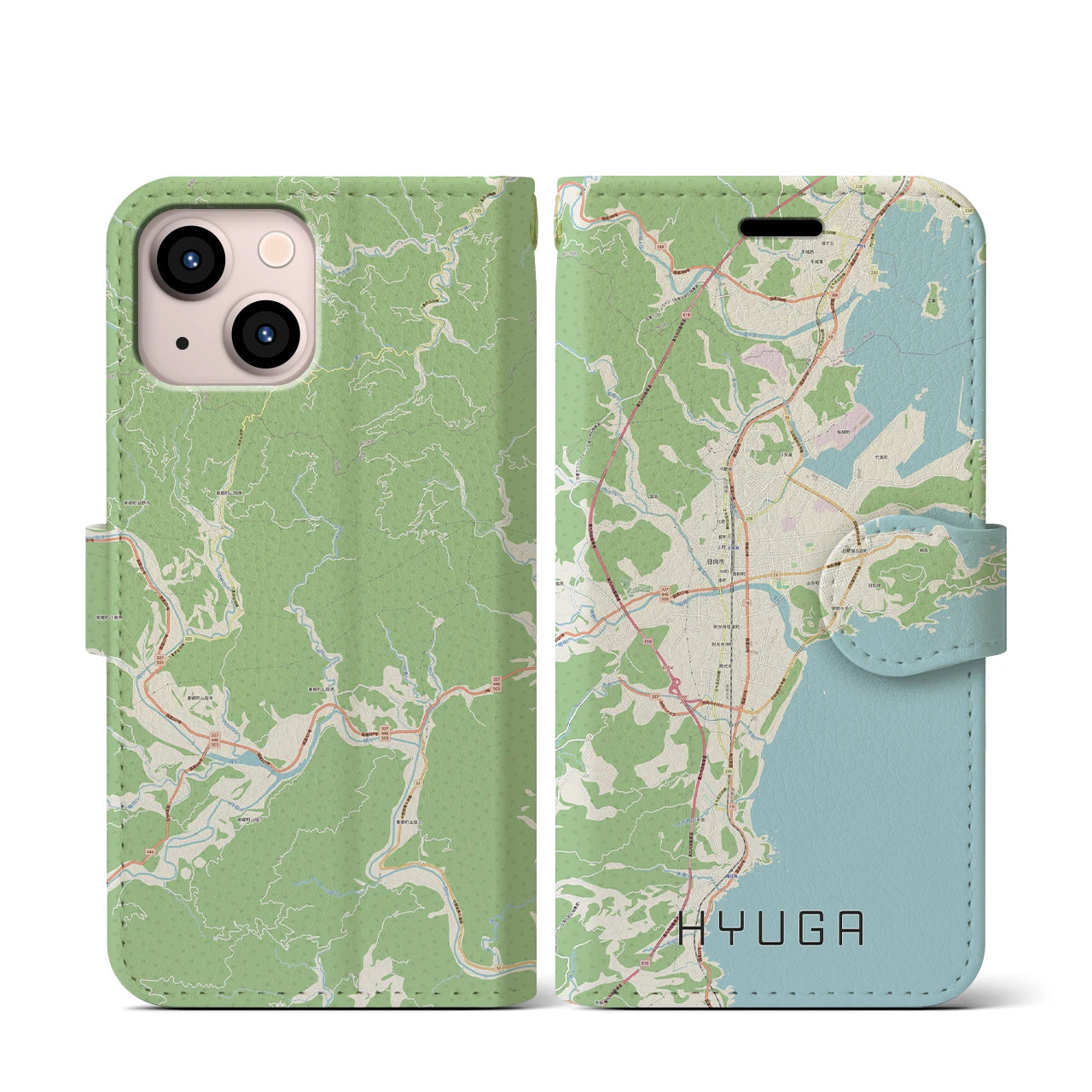 【日向(宮崎県)】地図柄iPhoneケース(手帳タイプ)ナチュラル・iPhone 13 mini 用
