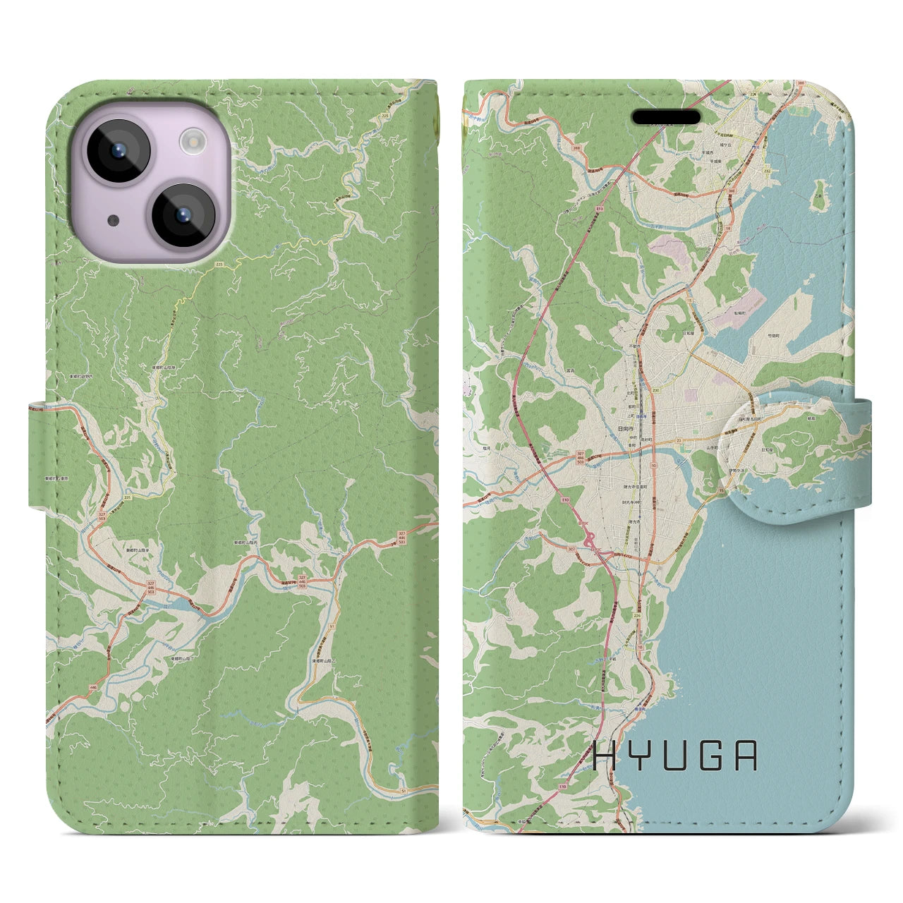 【日向(宮崎県)】地図柄iPhoneケース(手帳タイプ)ナチュラル・iPhone 14 用
