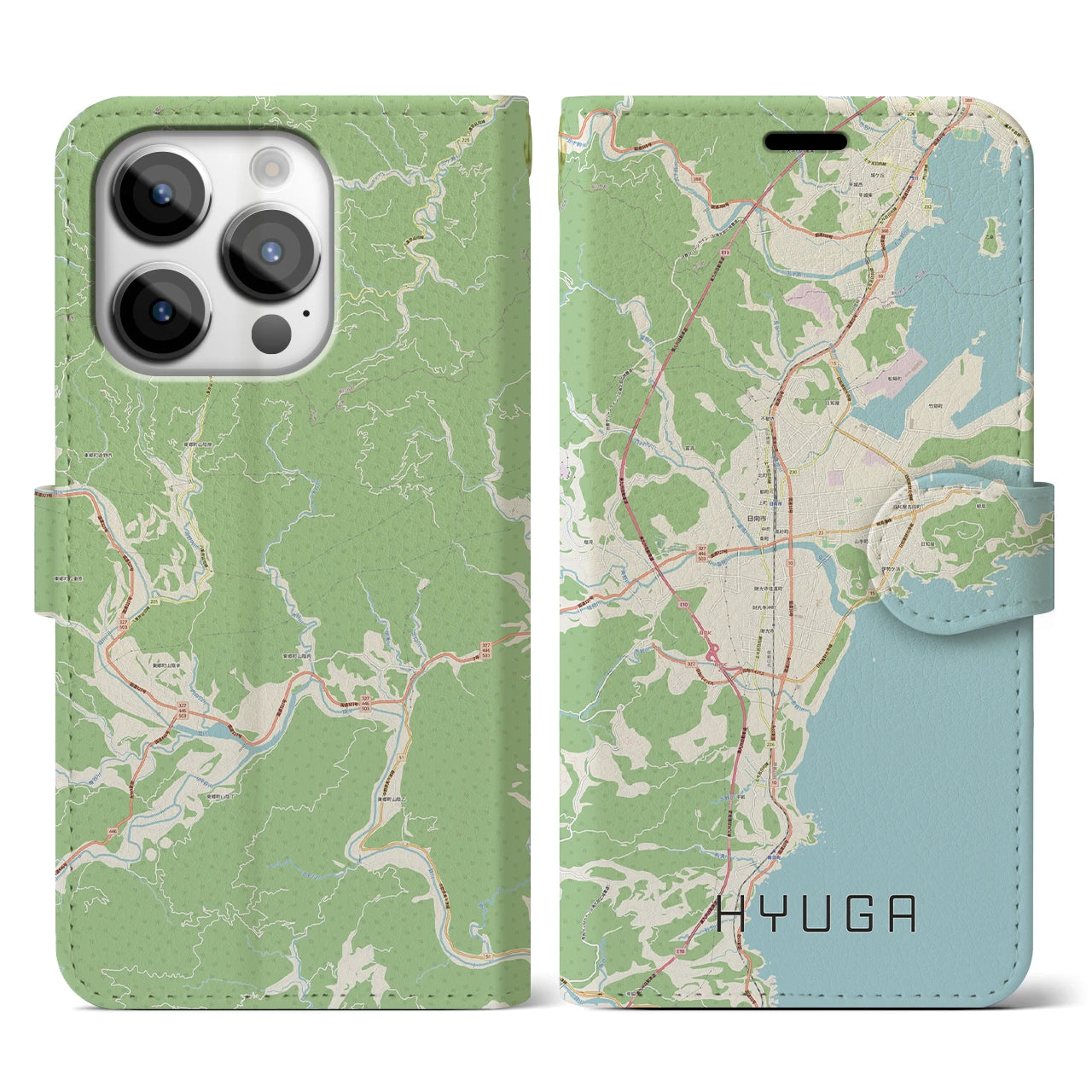 【日向(宮崎県)】地図柄iPhoneケース(手帳タイプ)ナチュラル・iPhone 14 Pro 用