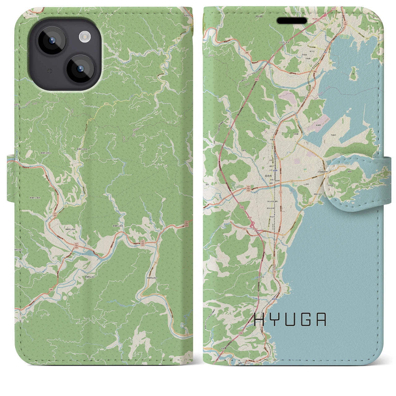 【日向(宮崎県)】地図柄iPhoneケース(手帳タイプ)ナチュラル・iPhone 14 Plus 用