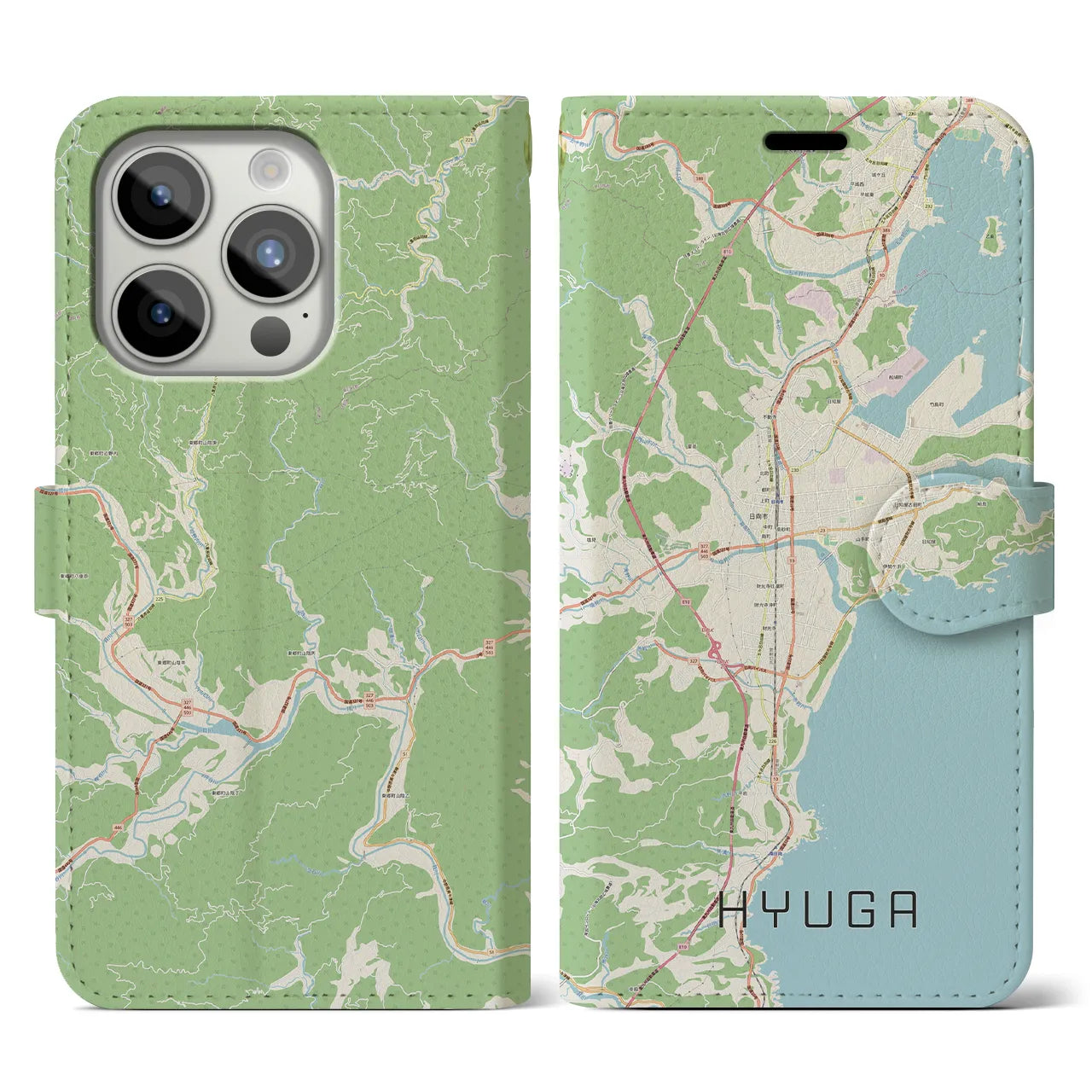 【日向(宮崎県)】地図柄iPhoneケース(手帳タイプ)ナチュラル・iPhone 15 Pro 用