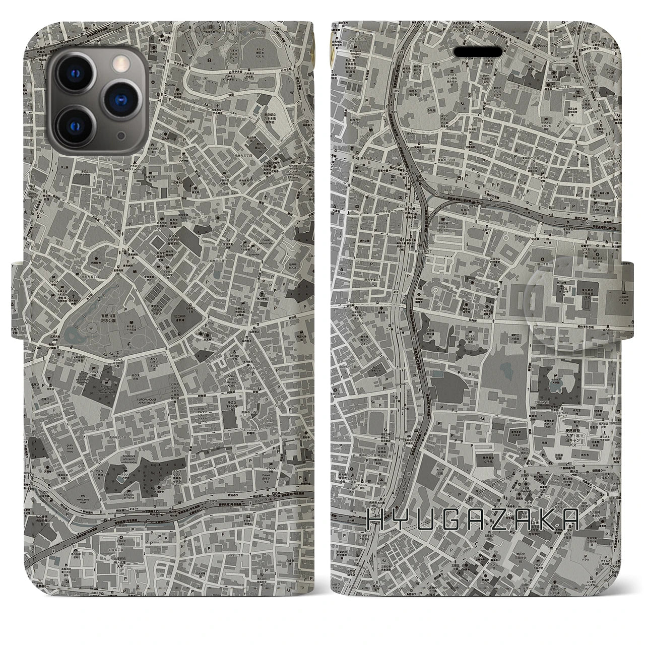 【日向坂(東京都)】地図柄iPhoneケース(手帳タイプ)モノトーン・iPhone 11 Pro Max 用