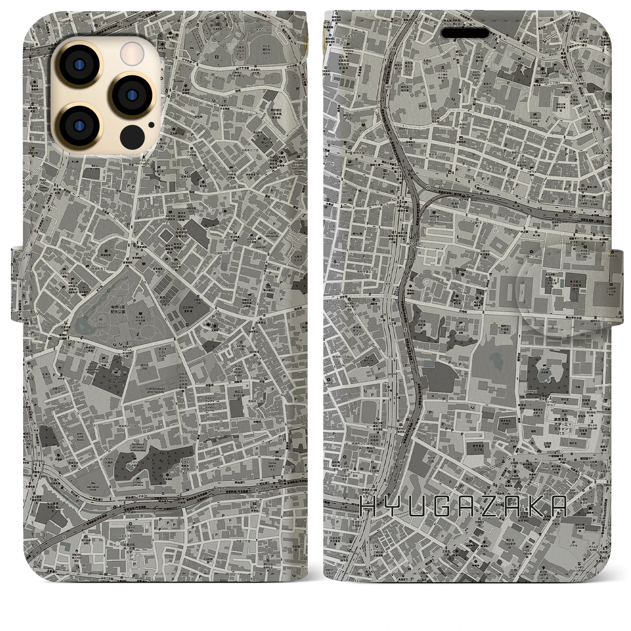 【日向坂(東京都)】地図柄iPhoneケース(手帳タイプ)モノトーン・iPhone 12 Pro Max 用